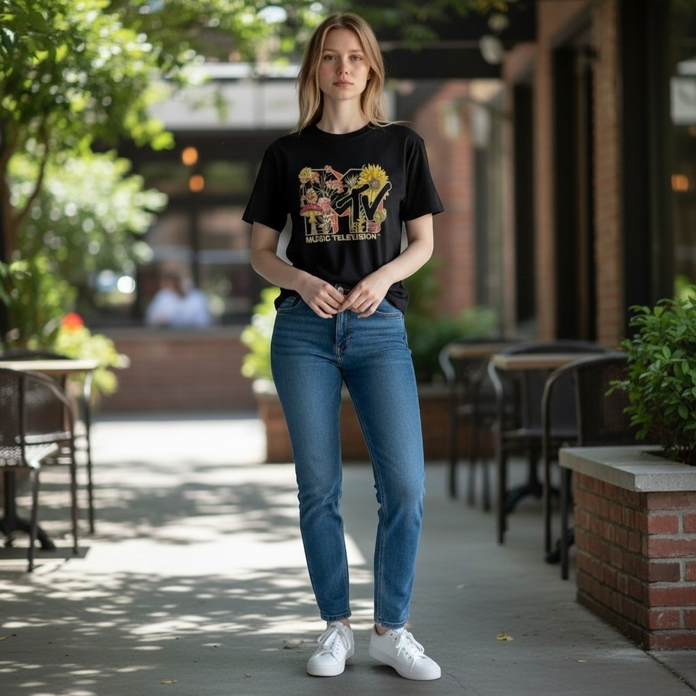 MTV black graphic t-shirt floral mushroom sunflower Music Television L boho tee